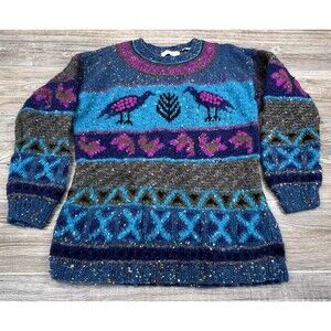 VTG 90s Segrets Sun Prints‎ Women's Wool Bird Speckled Chunky Knit Sweater Sz L